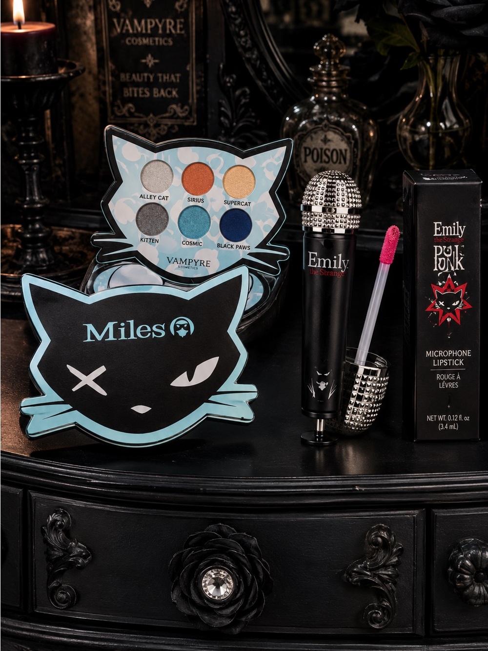 Emily The Strange Miles Cat Eyeshadow Palette + Microphone Lipstick Set NWT